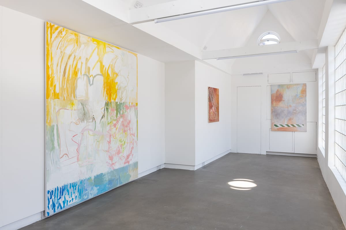 An installation shot of Daniel Pettitt's paintings at the PALFREY gallery in London