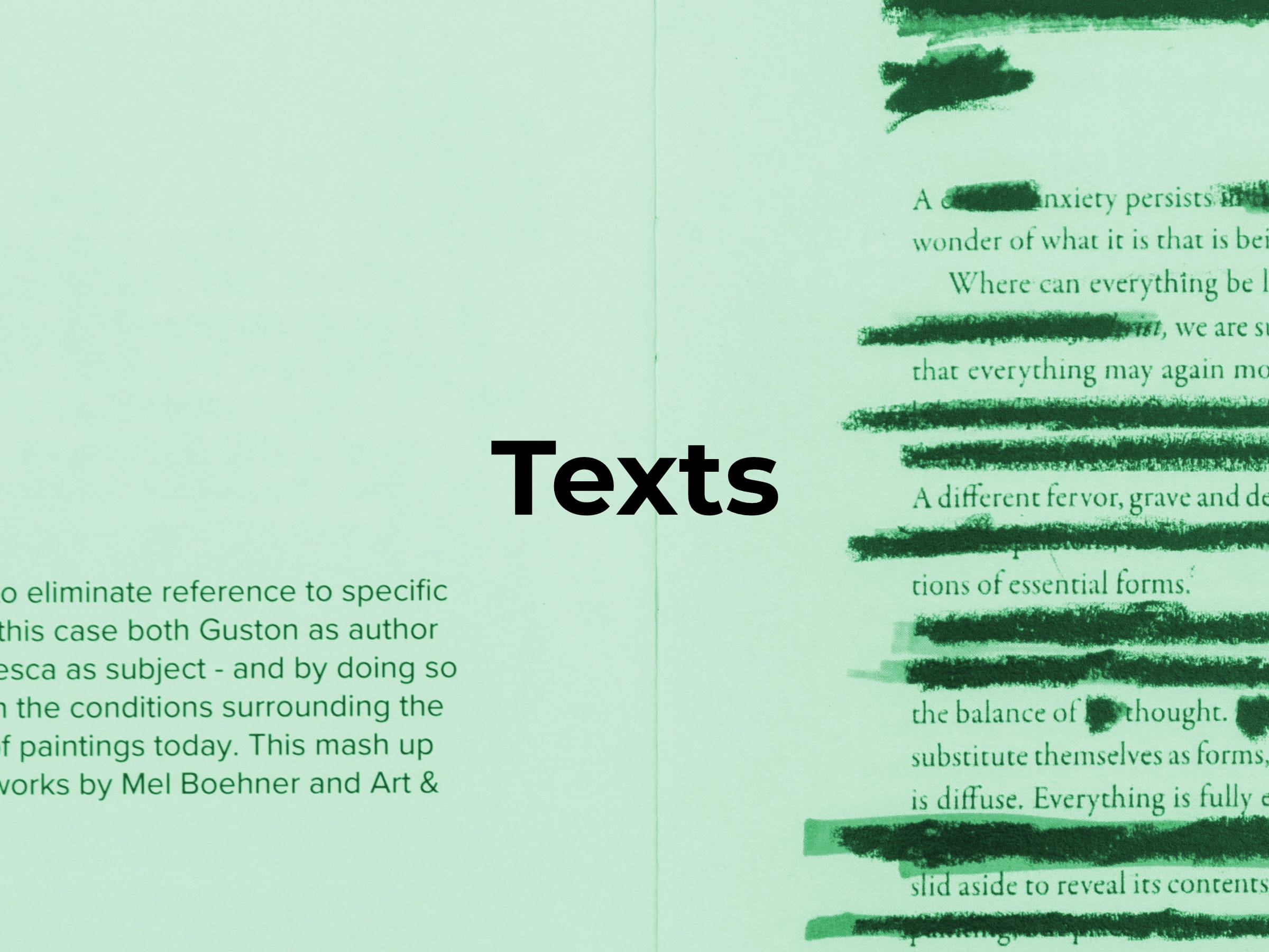 Pages from an artist's book by Daniel Pettitt with printed text partially obscured by painted brushstrokes in black, magenta and ochre